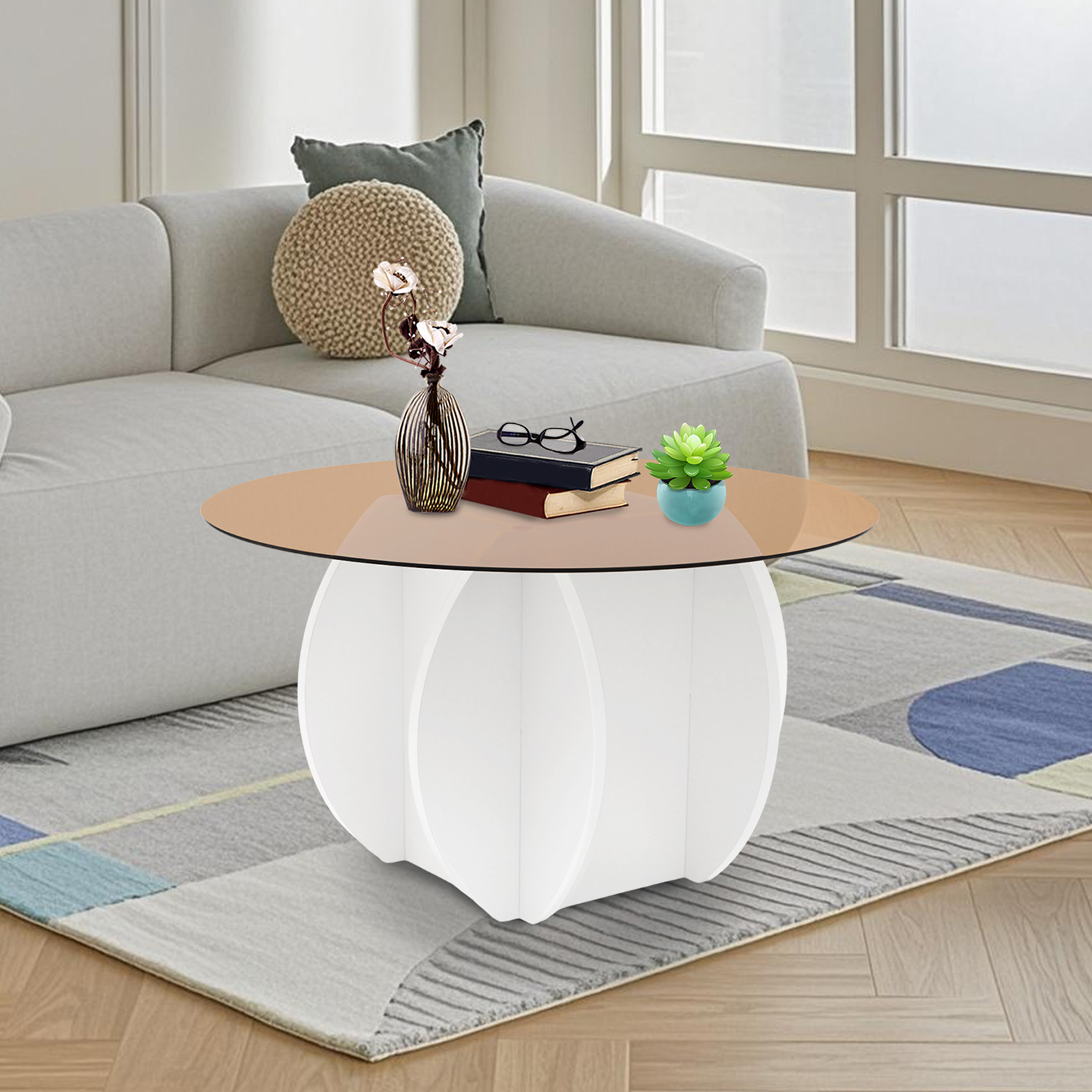 Book Weight Glass - Modern Round Coffee Table 27.6x15.75in Tempered